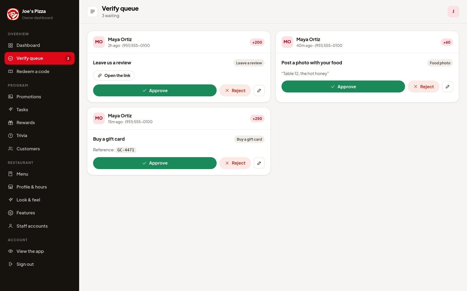 The verification queue with submitted proof and approve or reject buttons