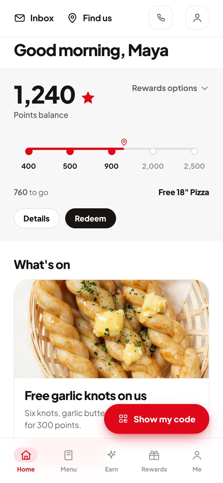 The customer app home screen showing a points balance, a reward track and today's challenges